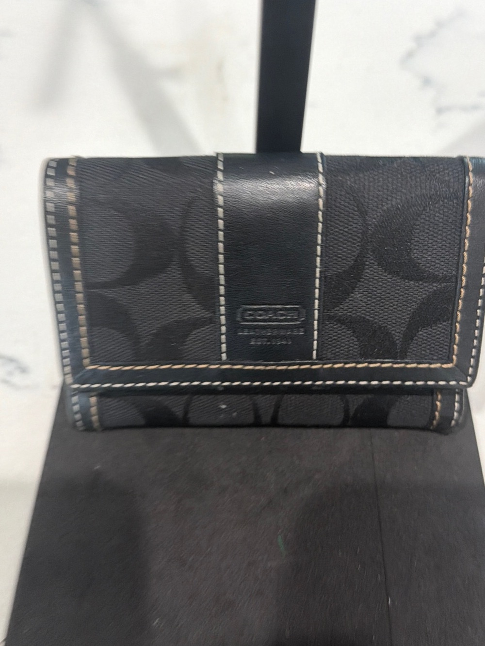 Coach Black Signature Canvas Compact Tri-Fold Card Holder